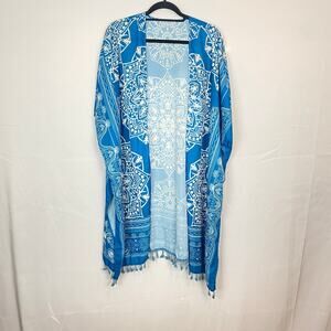 Blue Bohemian Mandala Kimono Cardigan with Tassel Hem, Open Front, One Size